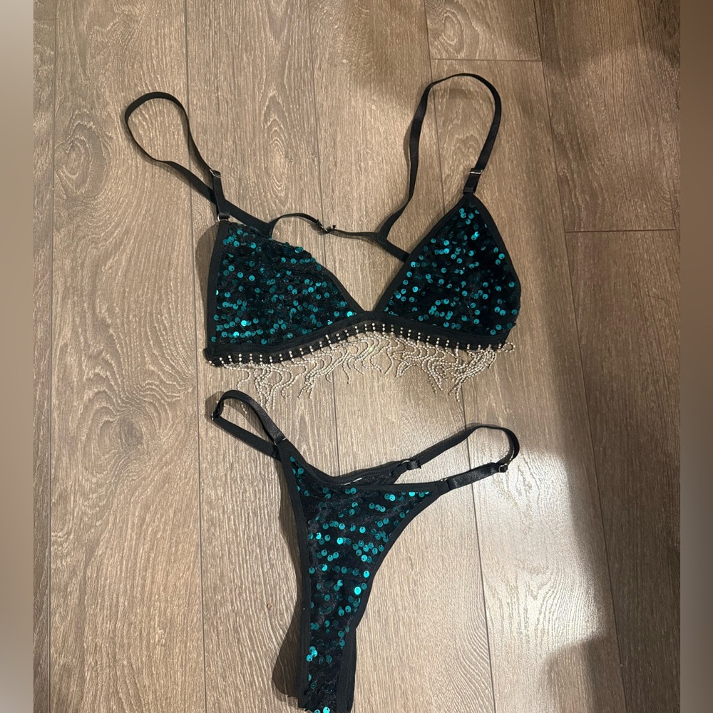SOLD-Sequin Teal Bikini Set with Fringe Trim